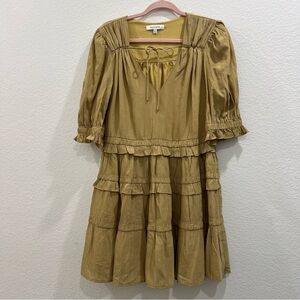 Moodie Tiered Mini Dress greenish‎ tan crinkled gauze, short sleeve tan Large